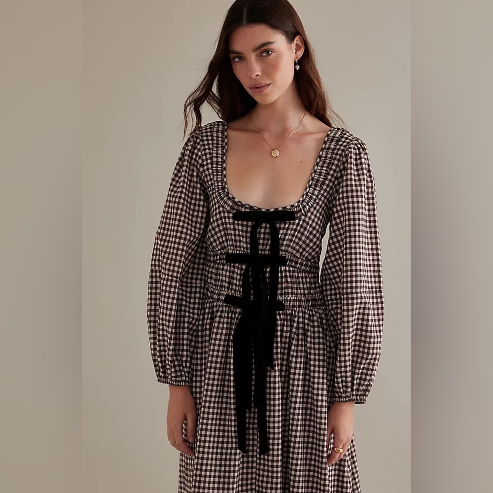 Gingham Long Sleeve Tie-Front Maxi Dress - Black/Cream